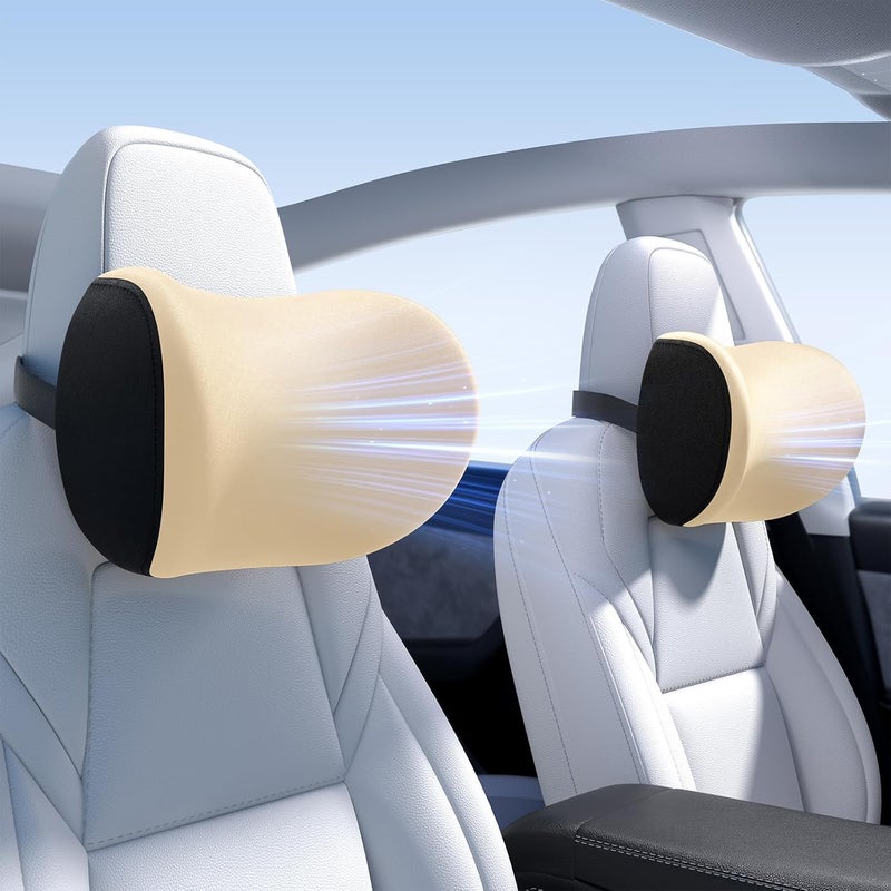 Wigoo 2026 Upgrade Car Neck Pillow [No More Pressure, Odorless] Soft Car Headrest Pillow with Adjustable Strap Removable Cover 100% Memory Foam, Fits All Vehicles (Beige 2-Pack) - Image 1